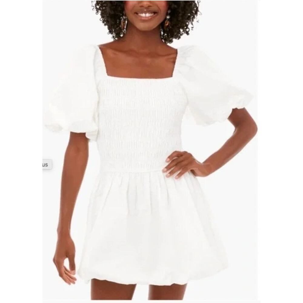 Hyacinth House Caterina Smocked Puff Sleeve Mini Dress White Cotton Size XS New
